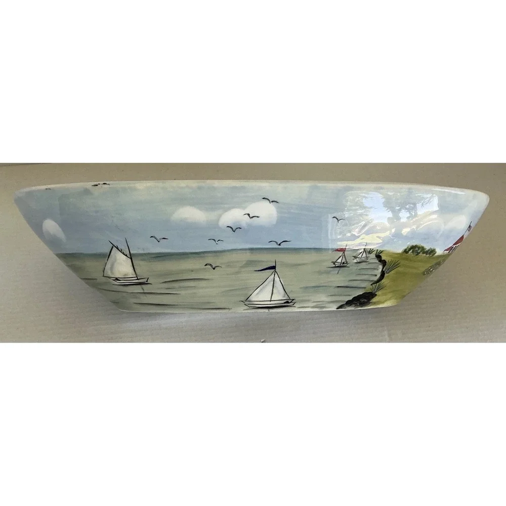 Sakura Nantucket Shoreline Oval Serving Bowl Sailboat Lighthouse Coastal‎ 12.5in
